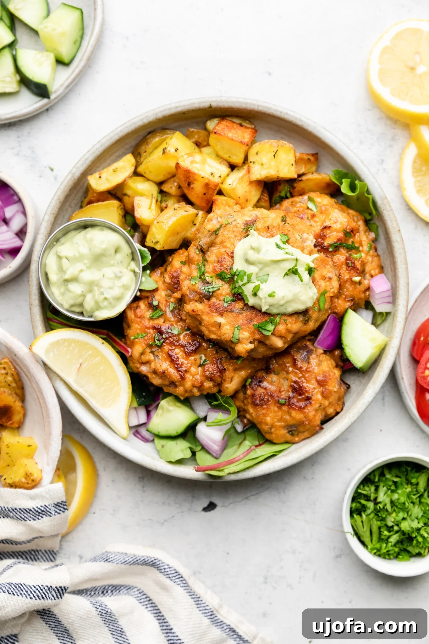 Keto Southwest Salmon Cakes with Cool Avocado Crema 8 A bowl with southwest salmon cakes with roasted potatoes and avocado ranch aioli