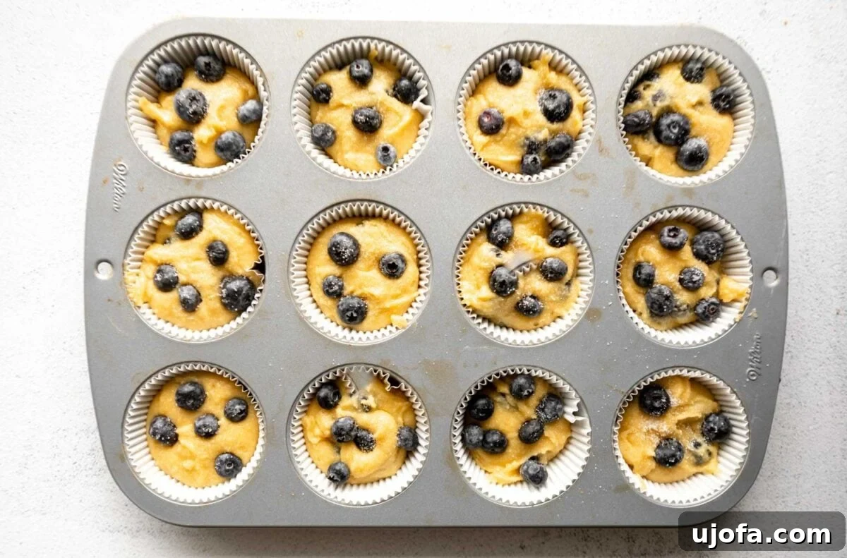 A muffin tin lined with paper liners filled with almond flour blueberry muffin batter, each topped with additional fresh blueberries, ready to bake.