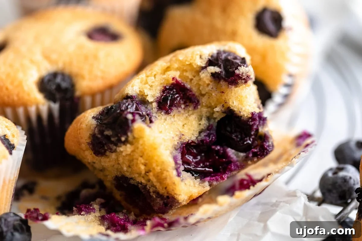 A close-up of a single almond flour blueberry muffin, unwrapped, with a bite taken out to reveal its moist, golden crumb and juicy baked blueberries.