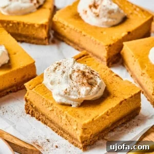 Easy Protein-Packed Pumpkin Cheesecake Bars 12 pumpkin cheesecake bars on parchment with whipped cream