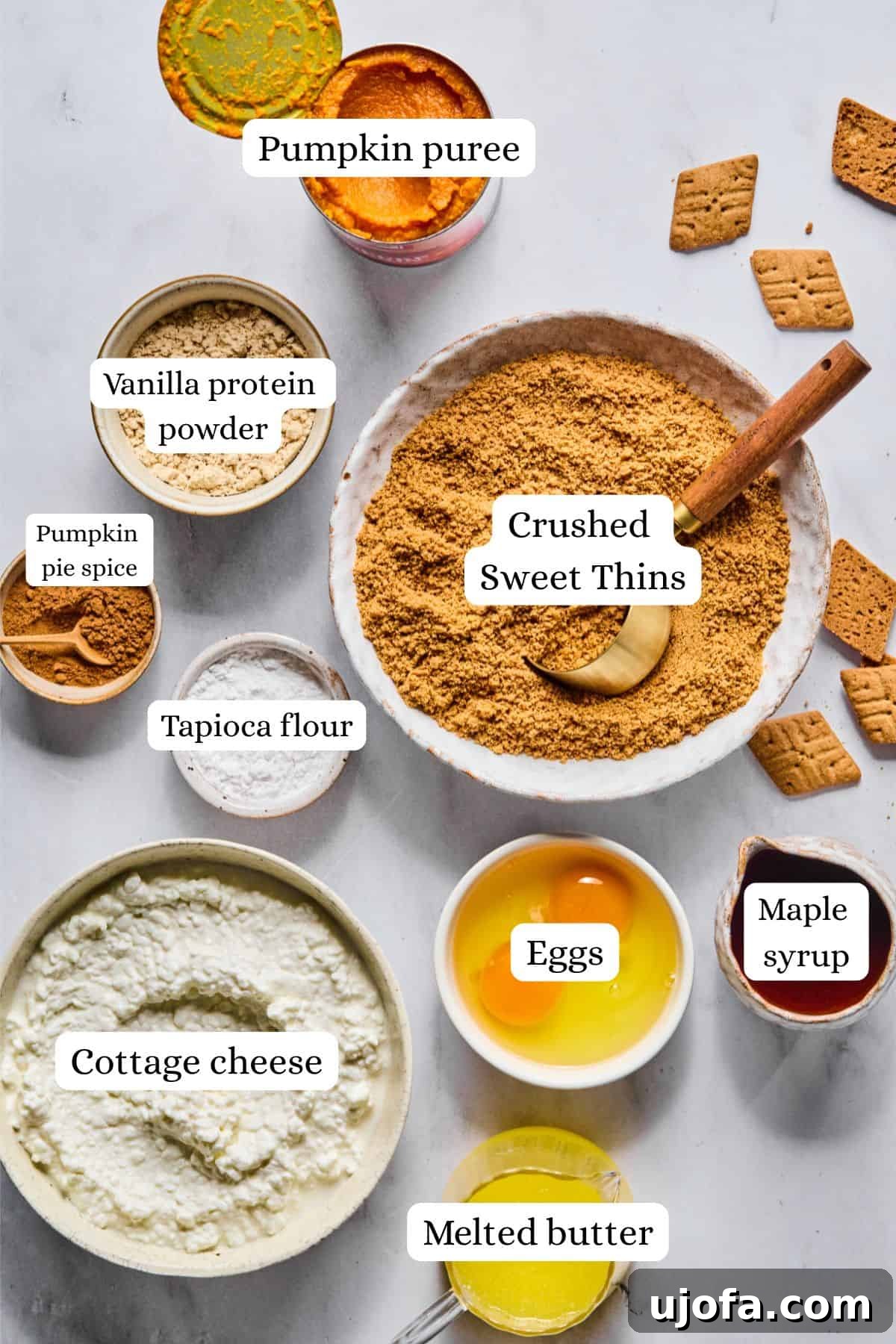 Easy Protein-Packed Pumpkin Cheesecake Bars 3 ingredients for pumpkin cheesecake bars in nesting bowls