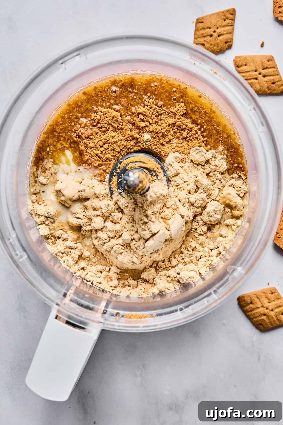 Easy Protein-Packed Pumpkin Cheesecake Bars 5 protein powder and graham cracker crumbs in a food processor bowl