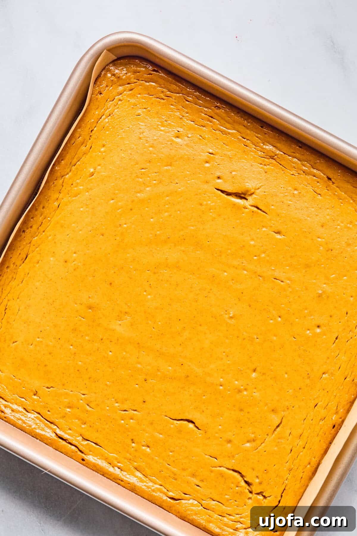 Easy Protein-Packed Pumpkin Cheesecake Bars 8 pumpkin cheesecake bars in a pan