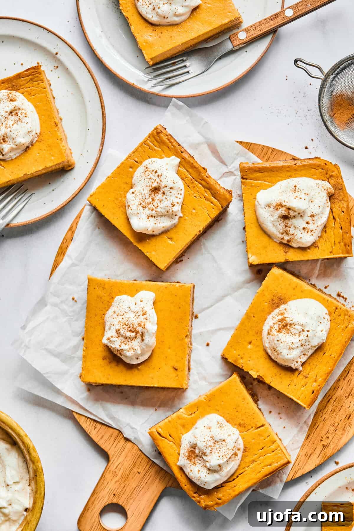 Easy Protein-Packed Pumpkin Cheesecake Bars 9 protein pumpkin bars cut up and topped with whipped cream