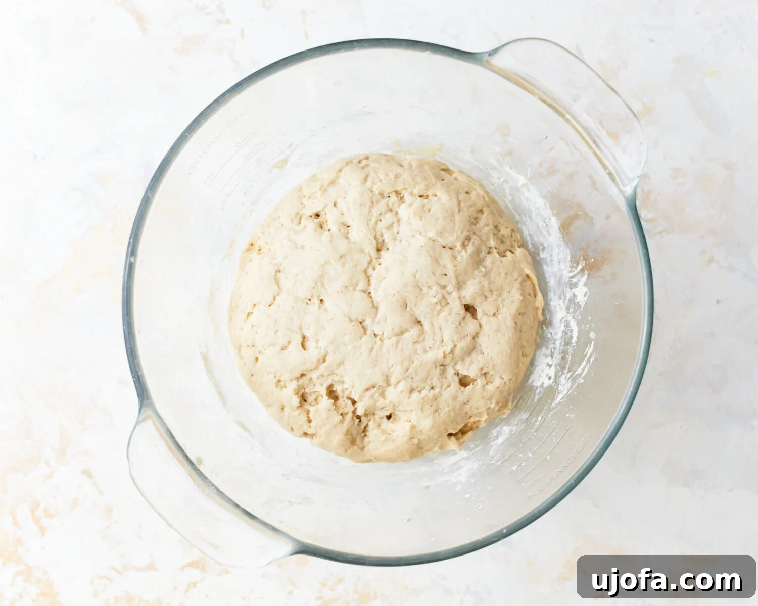 Gluten-free baguette dough after proofing in a glass mixing bowl.