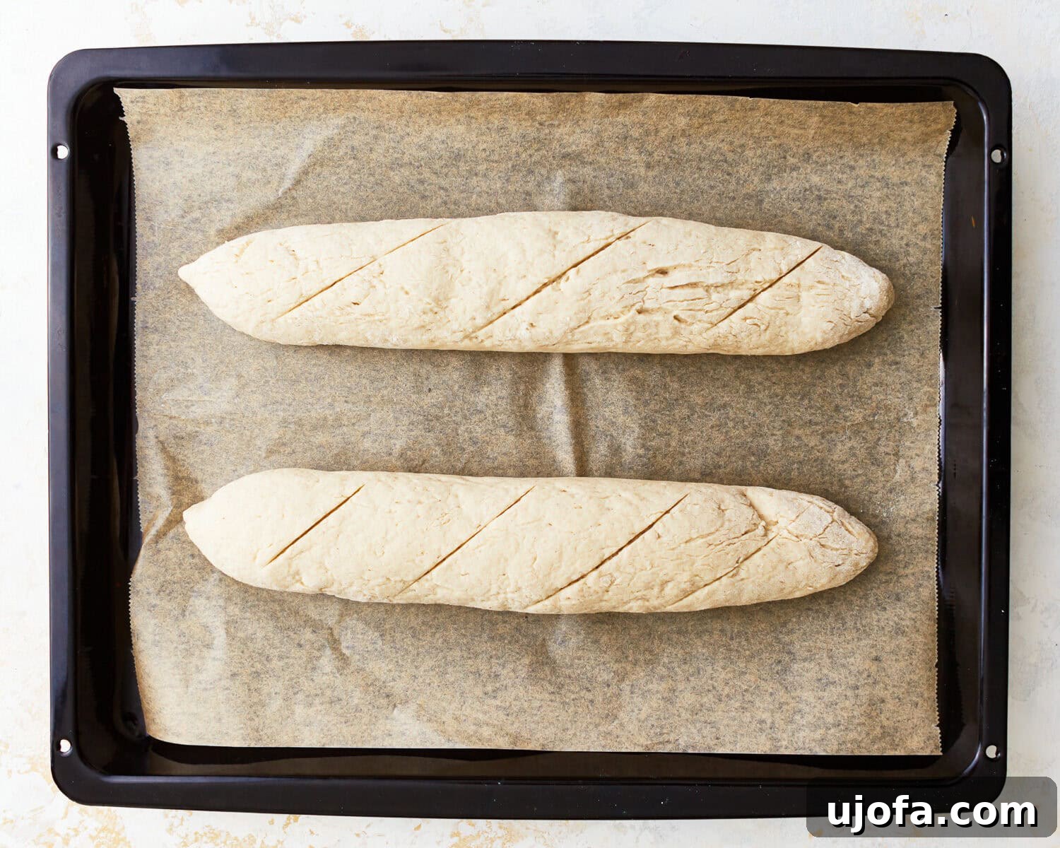 two gluten-free baguettes after proofing on a parchment lined baking sheet.