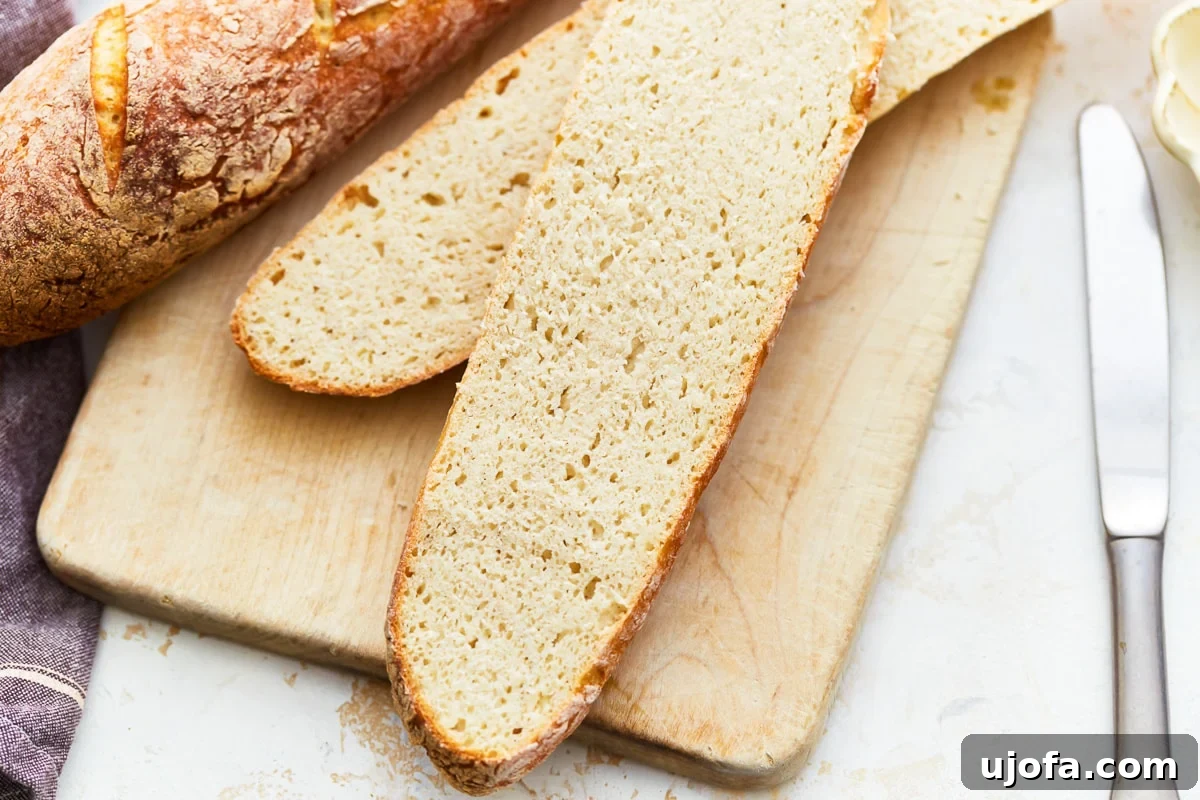 close-up view of a gluten-free baguette sliced lengthwise to show the crumb.
