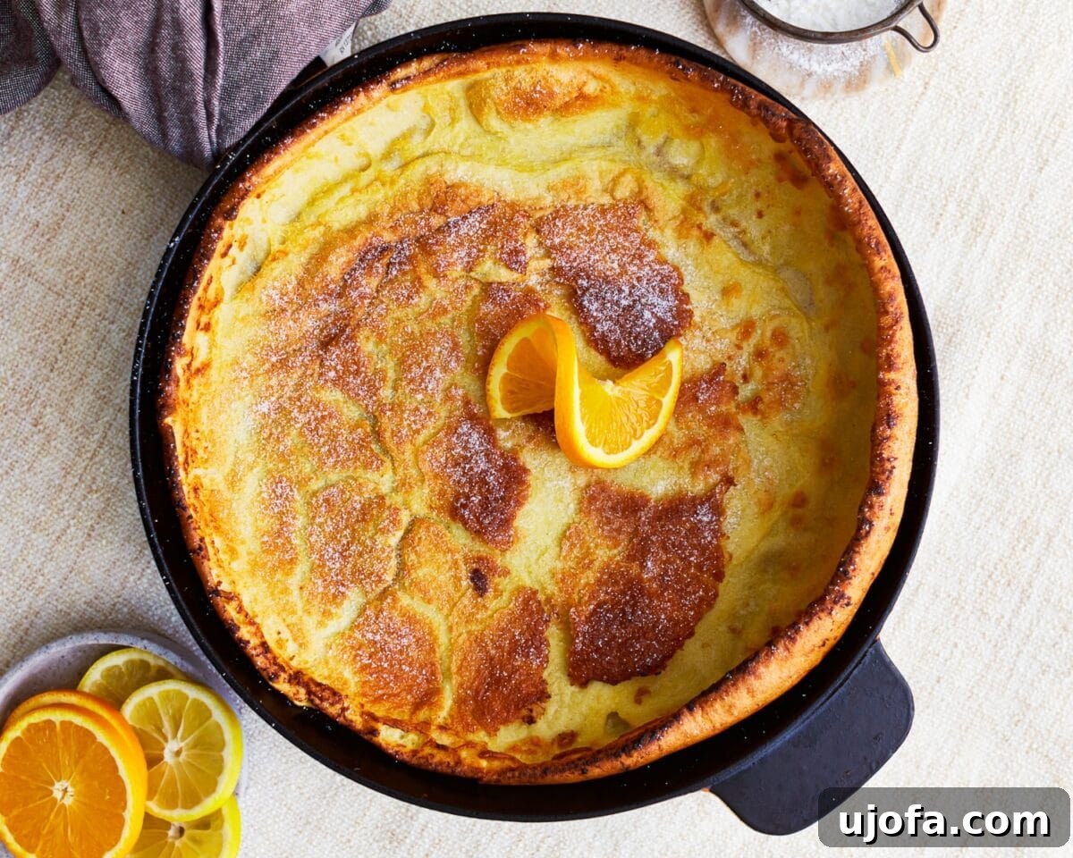 Gluten-free Dutch baby pancake baked golden and dusted with powdered sugar, topped with vibrant orange slices and surrounded by fresh lemon and orange wedges, ready to serve.