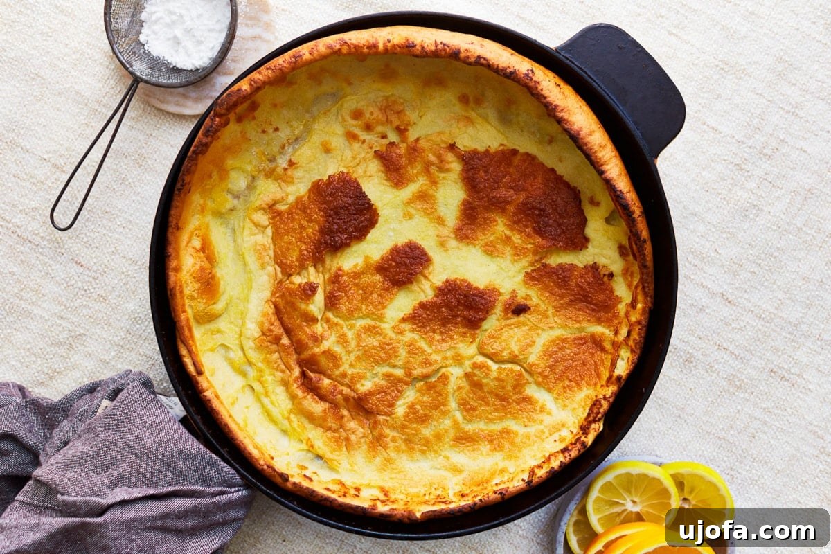 overhead view of a beautifully puffed, golden gluten-free dutch baby in a cast iron pan, ready for toppings.
