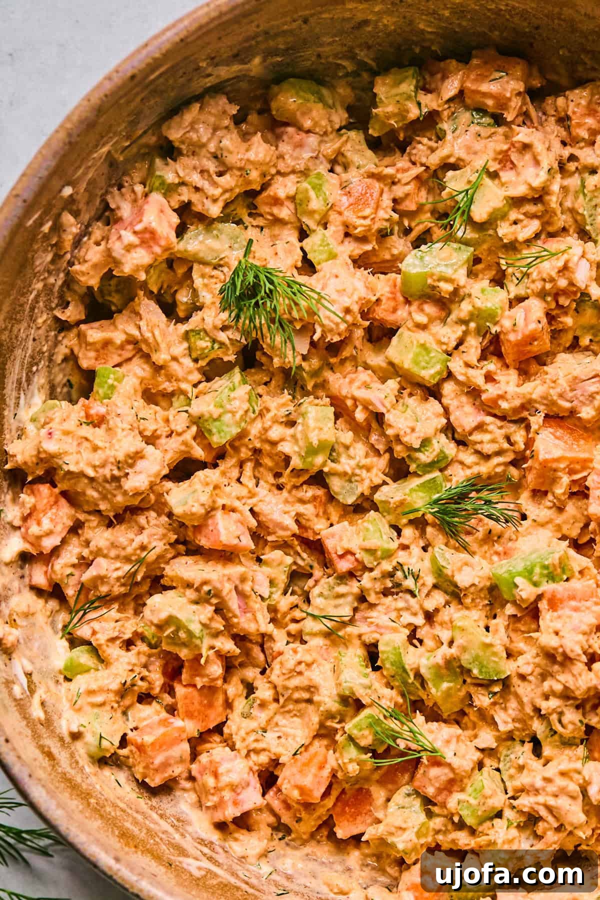 Close-up of creamy buffalo tuna salad topped with fresh dill, showing its rich texture