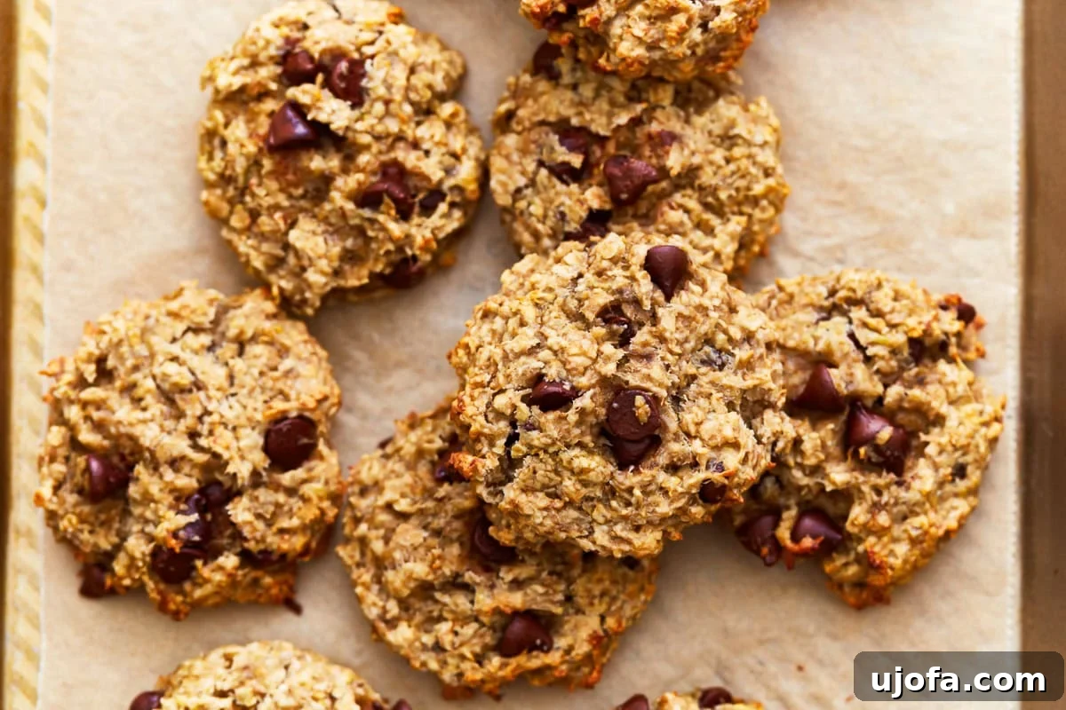 Wholesome Banana Oat Cookies 10 Overhead view of a stack of soft banana oatmeal cookies with chocolate chips, fresh from the oven.