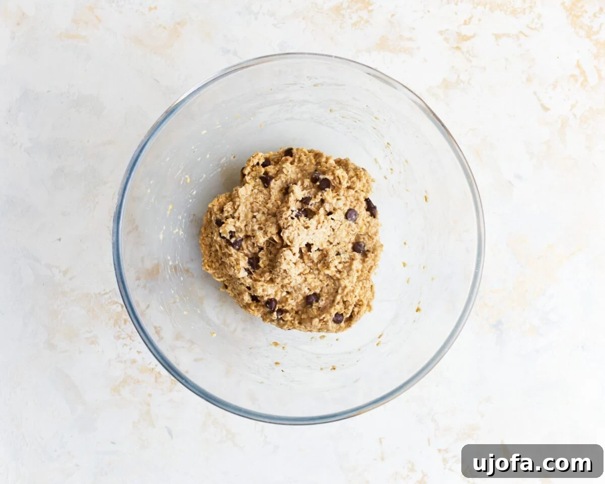 Wholesome Banana Oat Cookies 7 Finished cookie dough with chocolate chips folded in, ready to be scooped and baked.