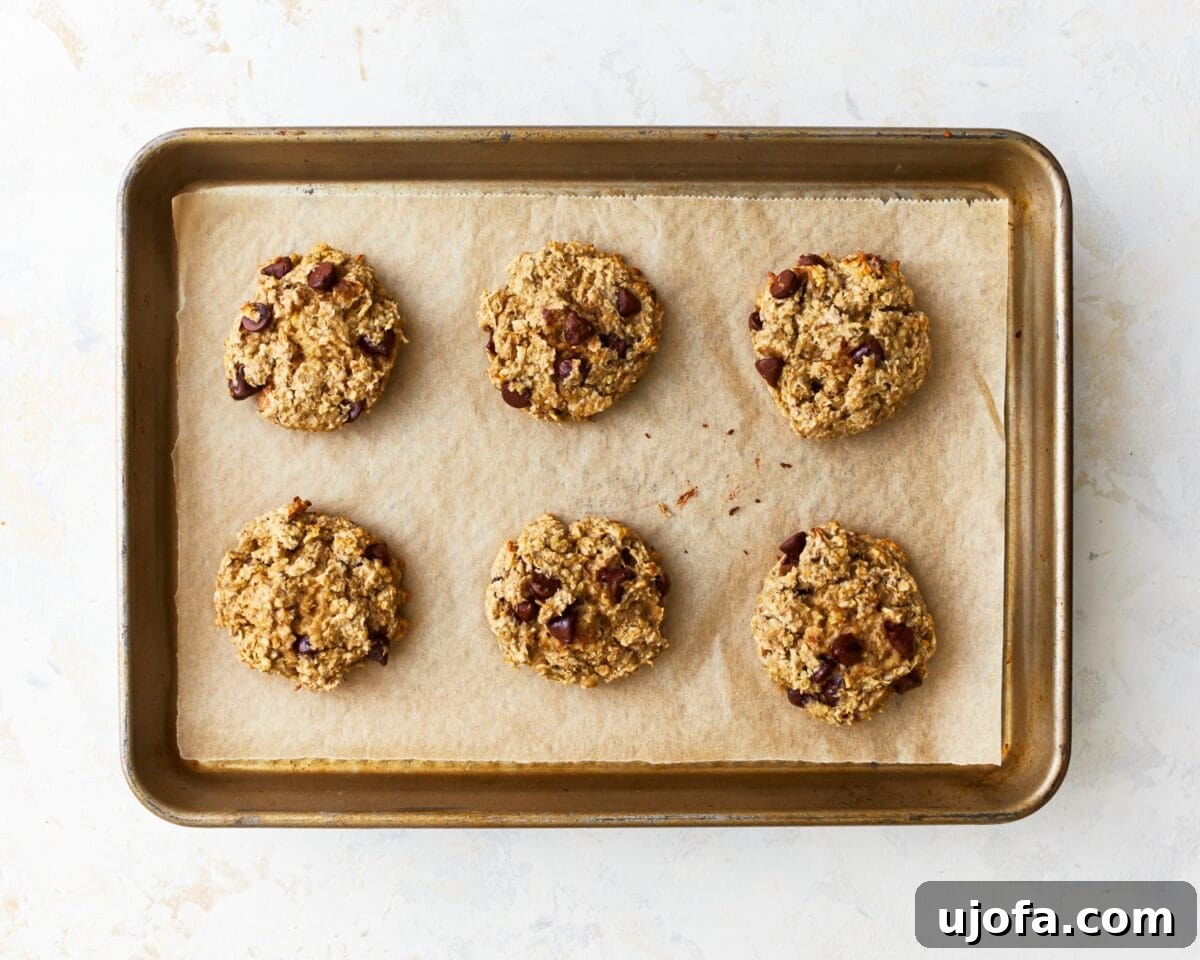 Wholesome Banana Oat Cookies 9 Baked banana oatmeal cookies cooling on a parchment-lined baking sheet, slightly golden on the edges.