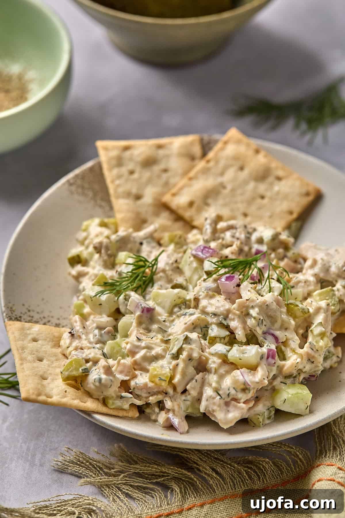 dill pickle chicken salad in a bowl with crackers
