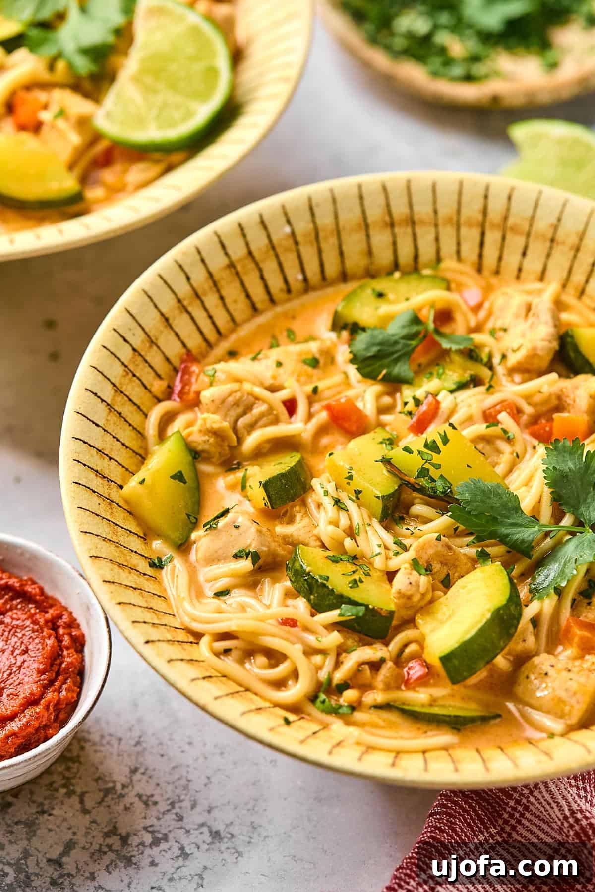 A side view of a steaming bowl of red curry soup, showcasing its rich texture and appetizing noodles, garnished with fresh cilantro.