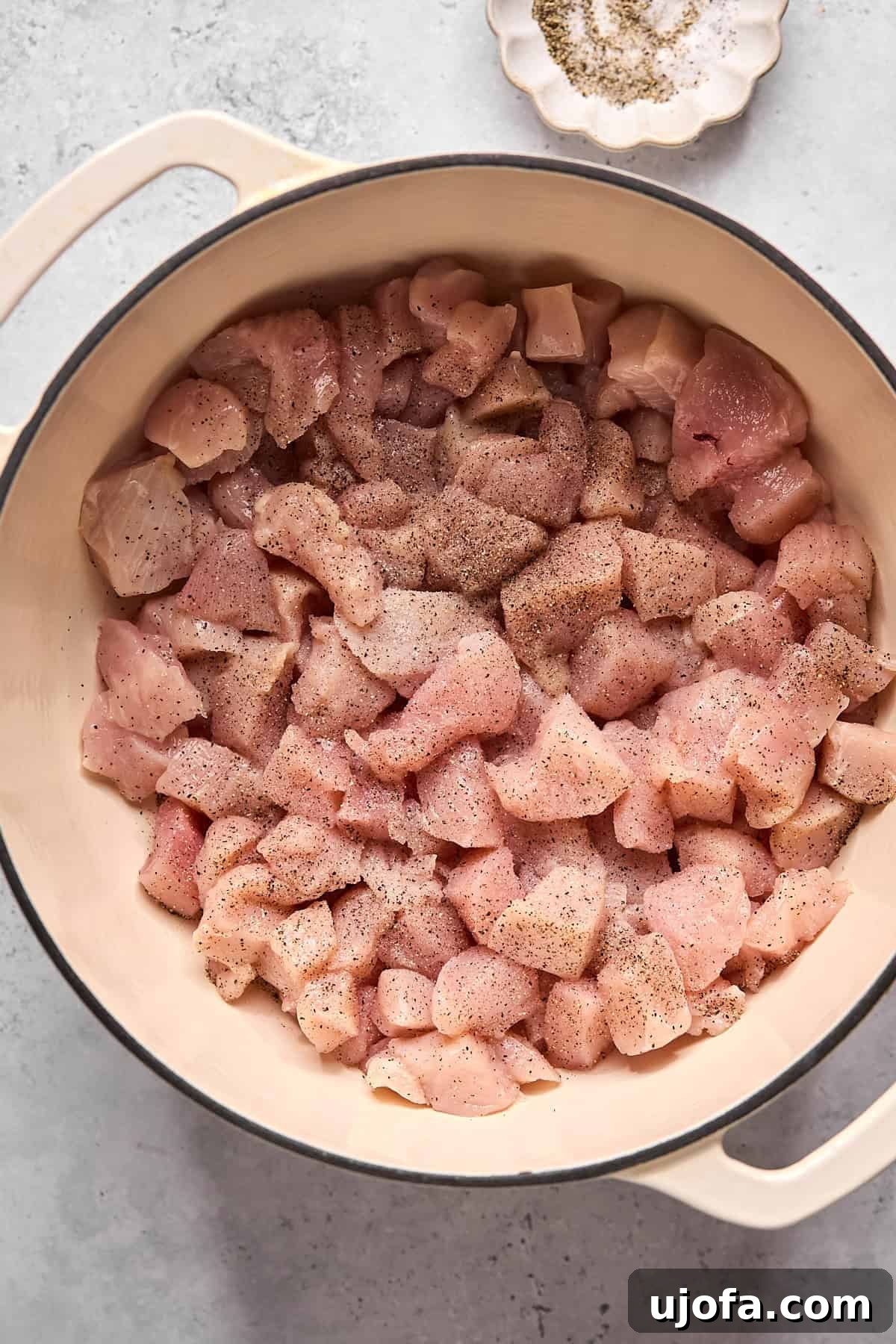Raw chicken pieces, seasoned with salt and pepper, being added to a white Dutch oven pot with olive oil heating over medium heat.