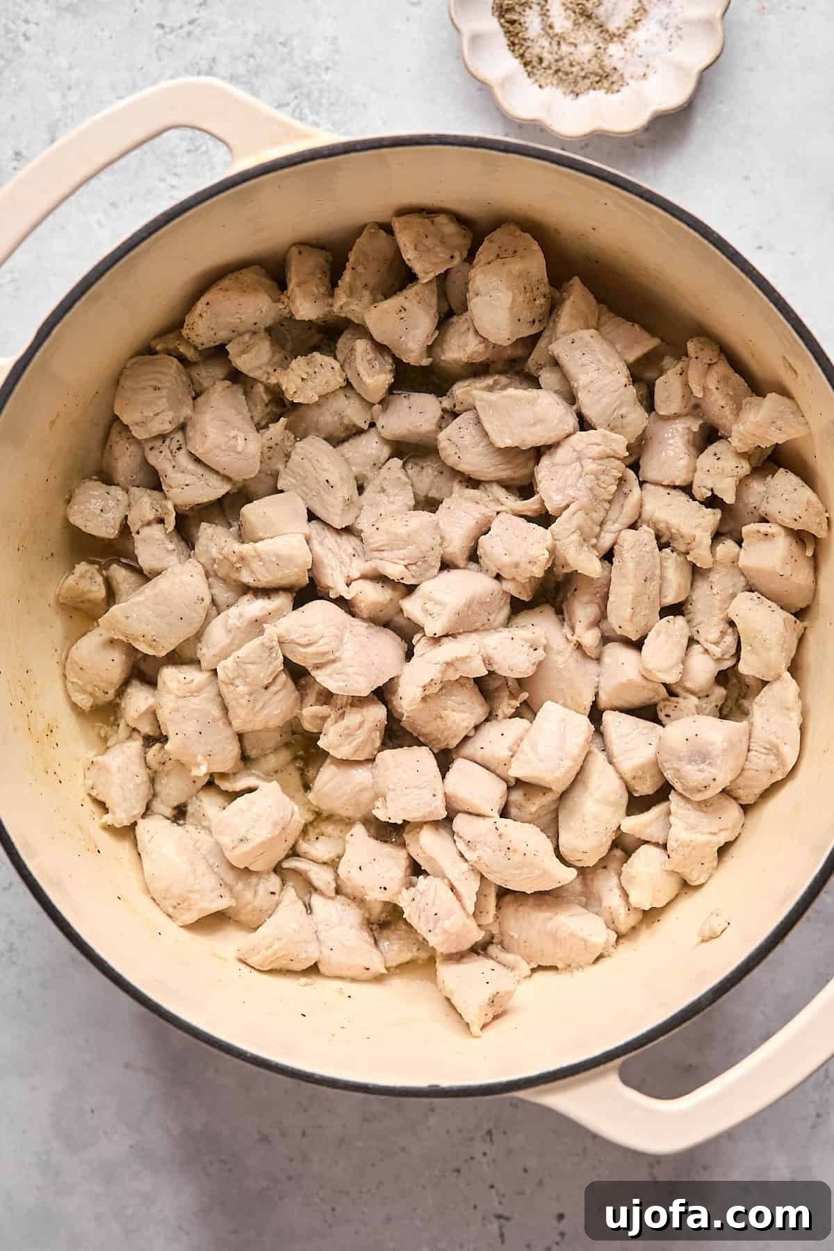 Browned chicken pieces resting in a white Dutch oven pot after searing, ready to be removed for the next step of the recipe.
