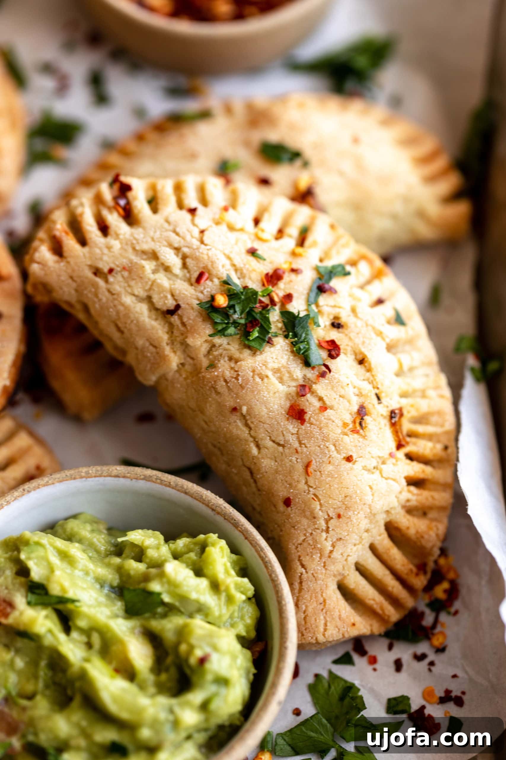 A golden-brown gluten-free empanada placed next to a vibrant bowl of freshly made guacamole, ready to be enjoyed.