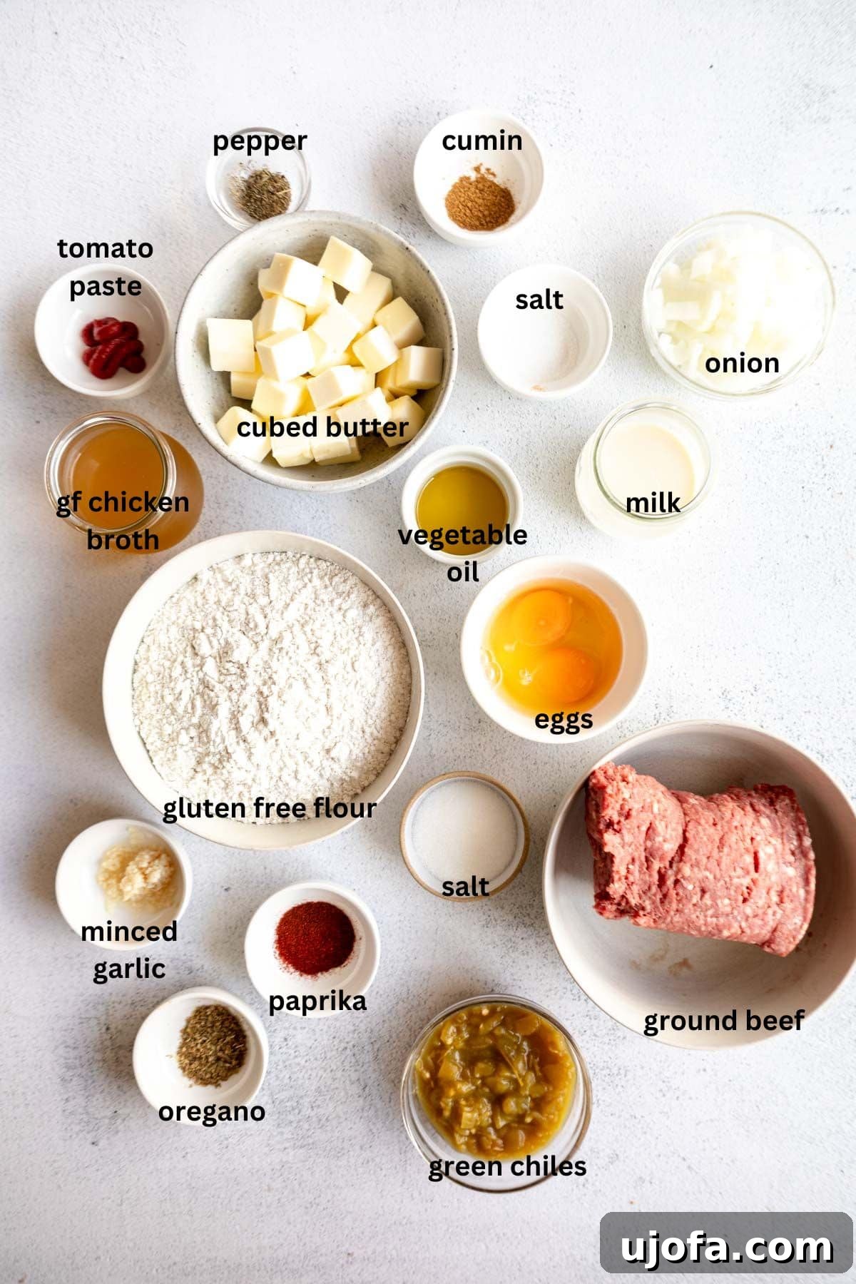 An array of fresh ingredients for gluten-free empanadas, including flour, butter, eggs, milk, ground beef, onions, and various spices, laid out on a clean surface.