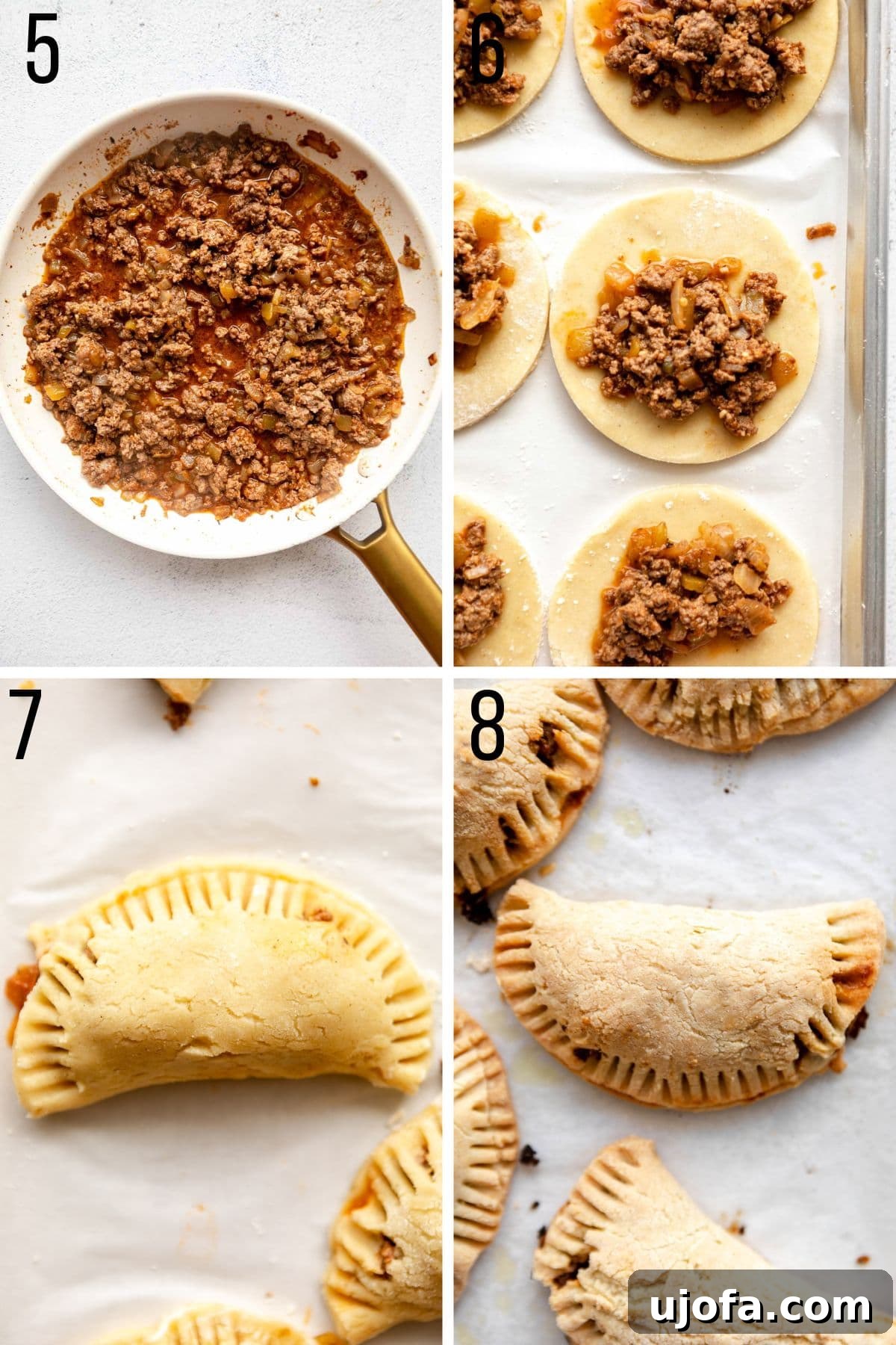 Another set of detailed step-by-step photos for crafting gluten-free empanadas, focusing on the dough and filling process.