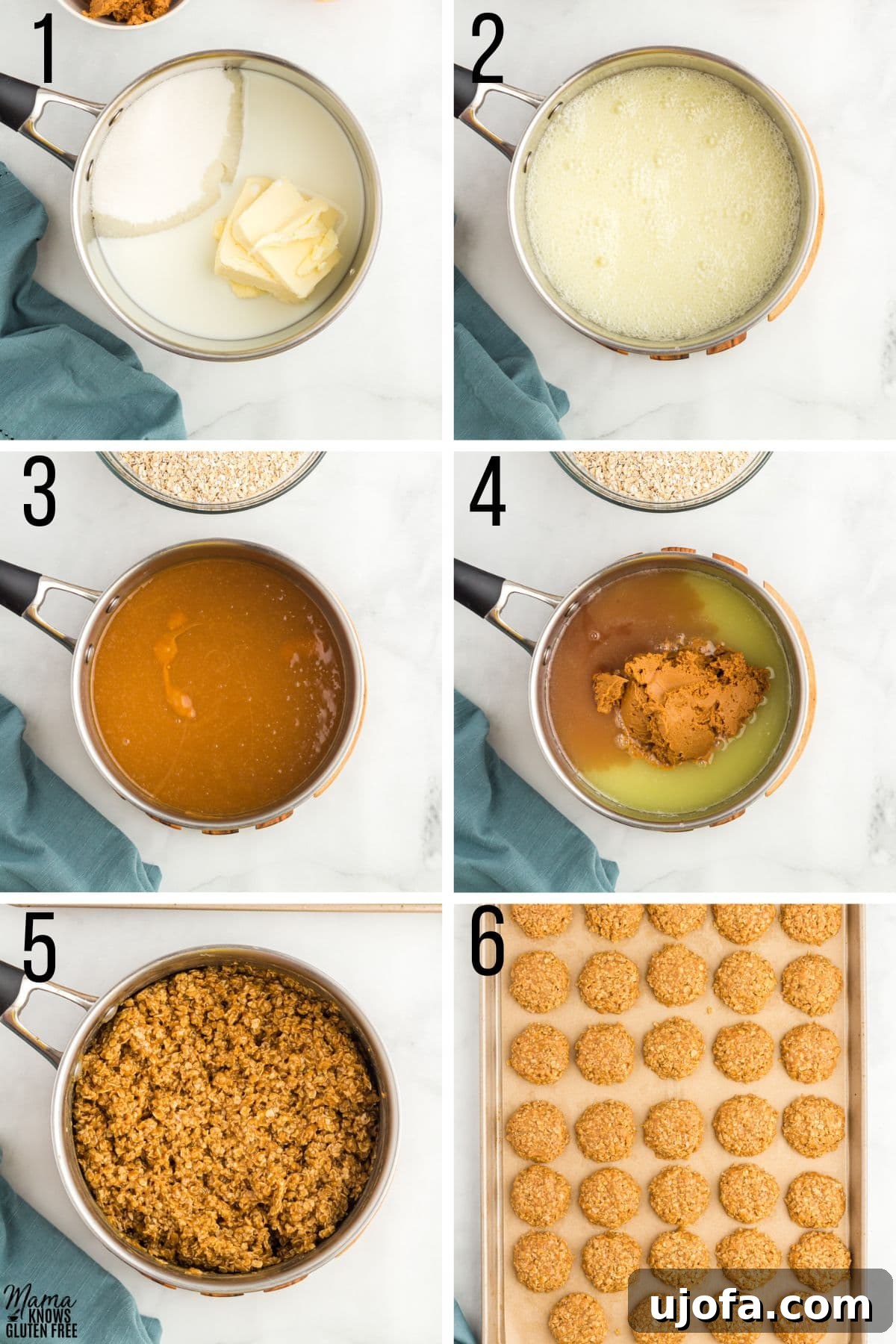 Easy Peanut Butter No-Bake Cookies 4 A collage of six step-by-step photos illustrating the process of making peanut butter no-bake cookies, from mixing ingredients to final chilling.