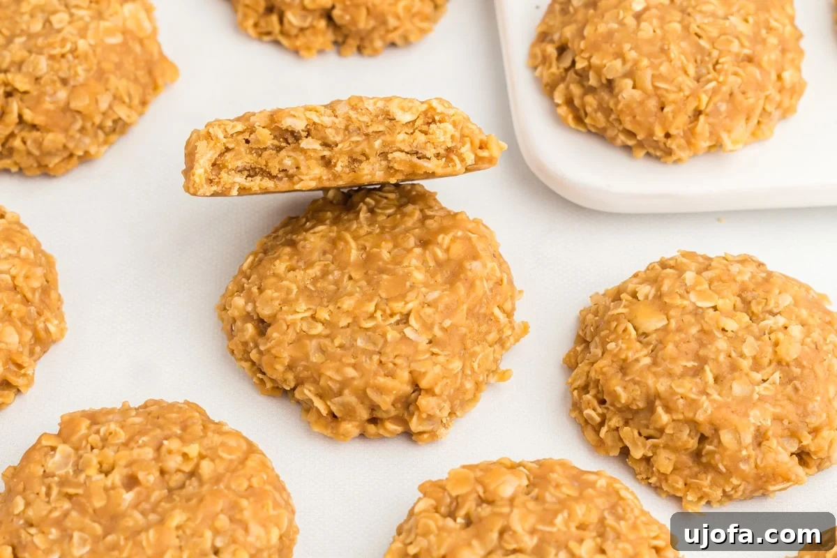Easy Peanut Butter No-Bake Cookies 5 An inviting overhead view of a perfectly halved no-bake peanut butter cookie, leaning against another whole cookie, revealing its textured interior.