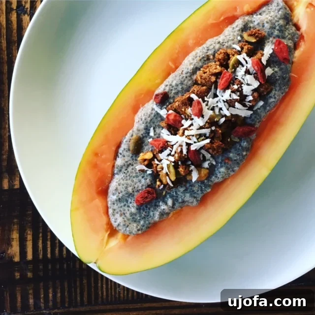 Delicious Chia Pudding served in a halved papaya, garnished with granola, shredded coconut, and goji berries.