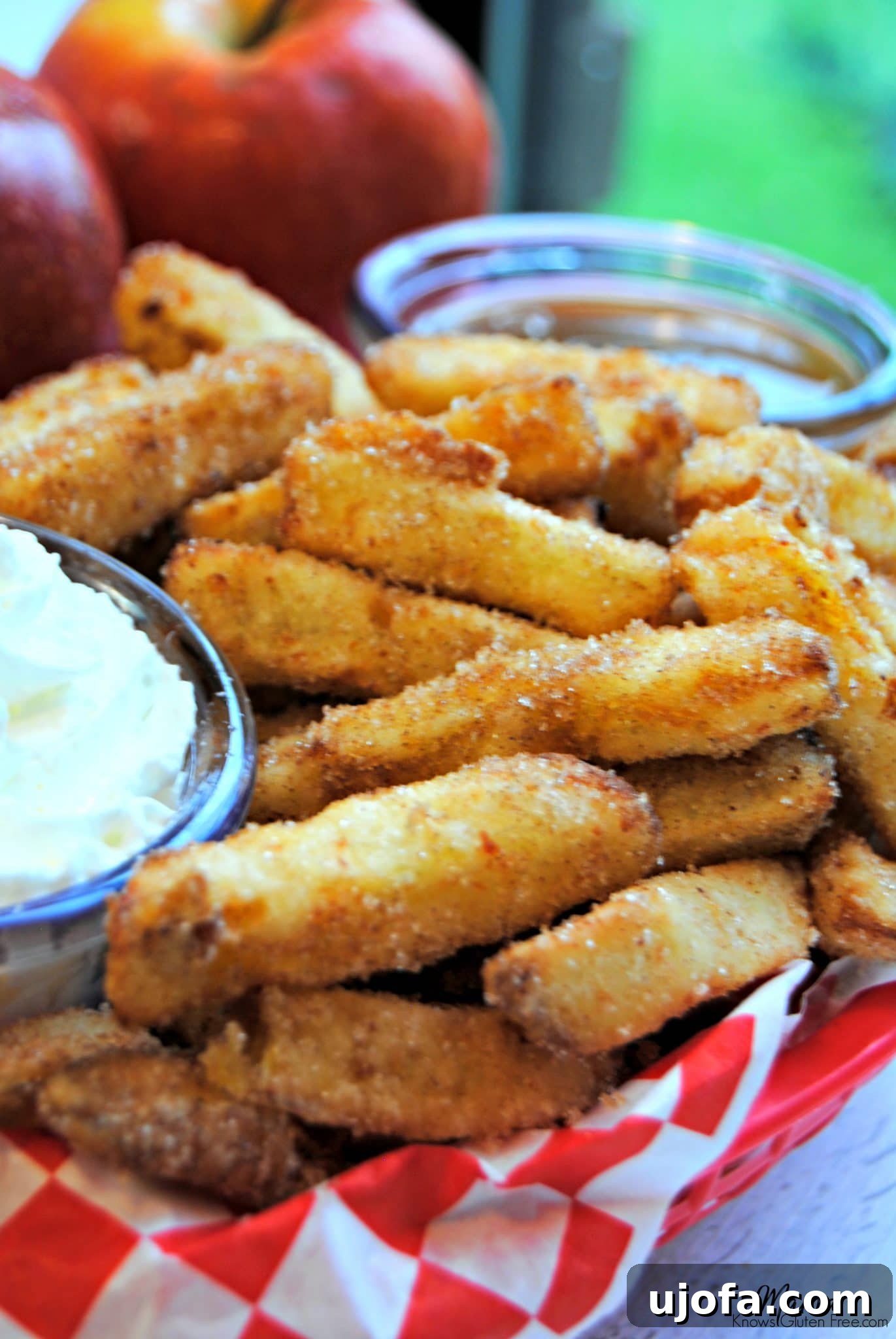 Cinnamon Spiced Apple Fries Gluten Free Dairy Free 2 Gluten-Free Cinnamon Apple Fries in a basket with whipped cream and caramel dipping sauce, with fresh red apples in the background. A perfect sweet treat.