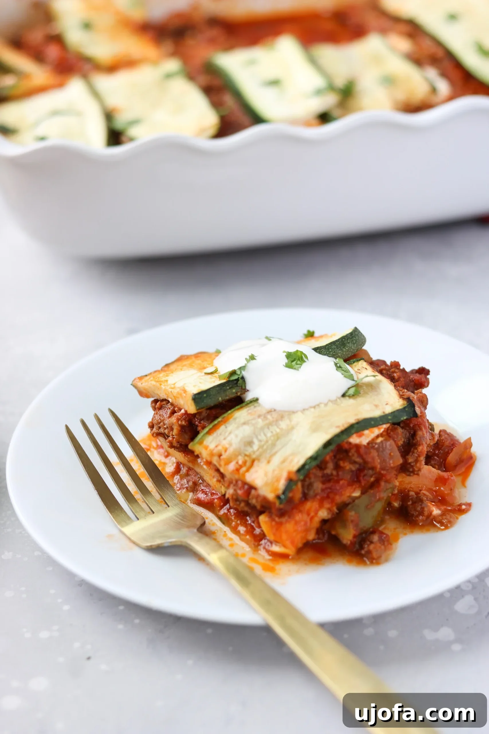 Close-up of a serving of Paleo Mexican Lasagna on a plate, garnished with fresh cilantro, highlighting the vibrant colors and textures.