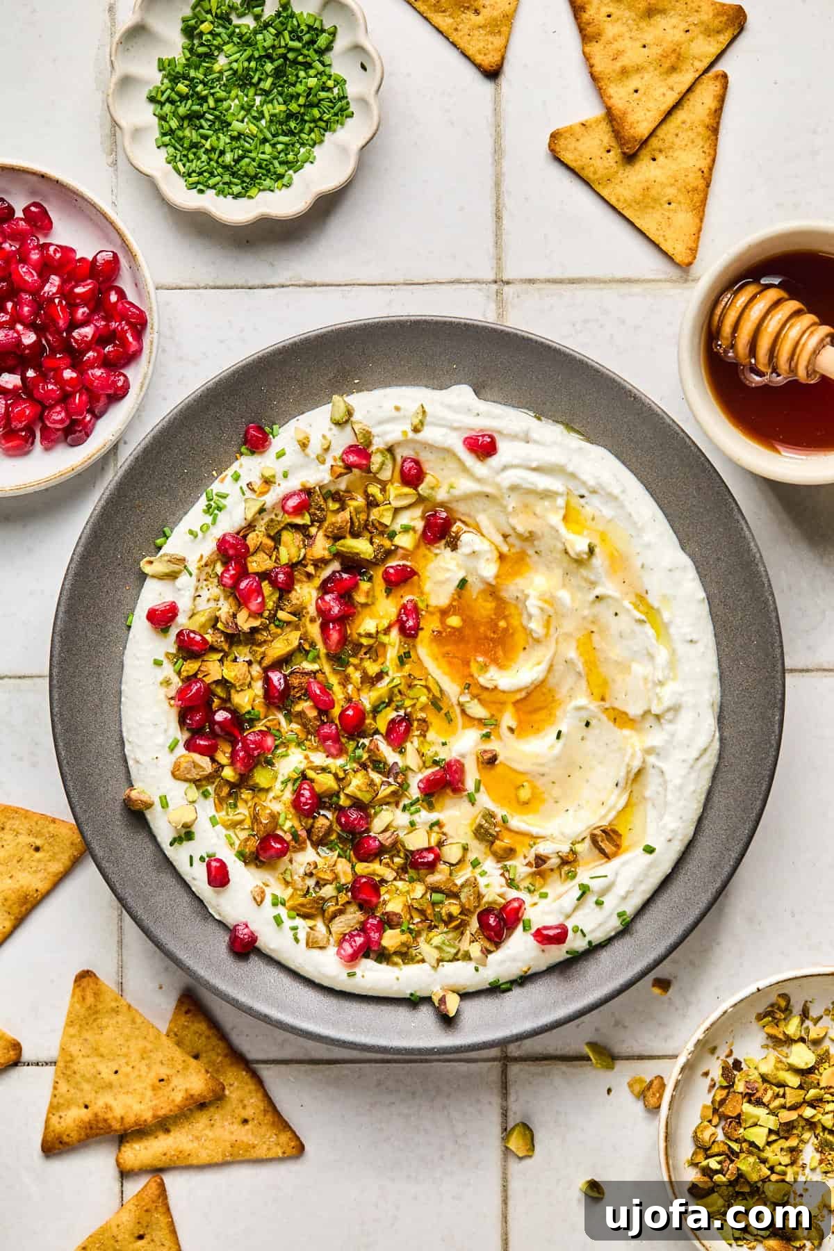 feta dip with toppings on a gray plate surrounded by ingredients and pita crackers