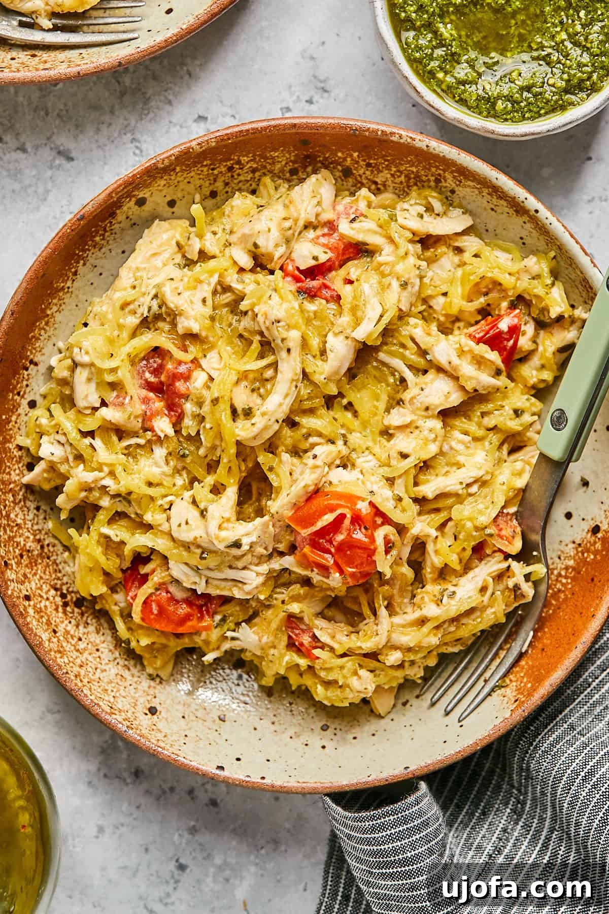 Dreamy Boursin Chicken Bake 2 a bowl filled with creamy Boursin chicken, spaghetti squash, and tomatoes.