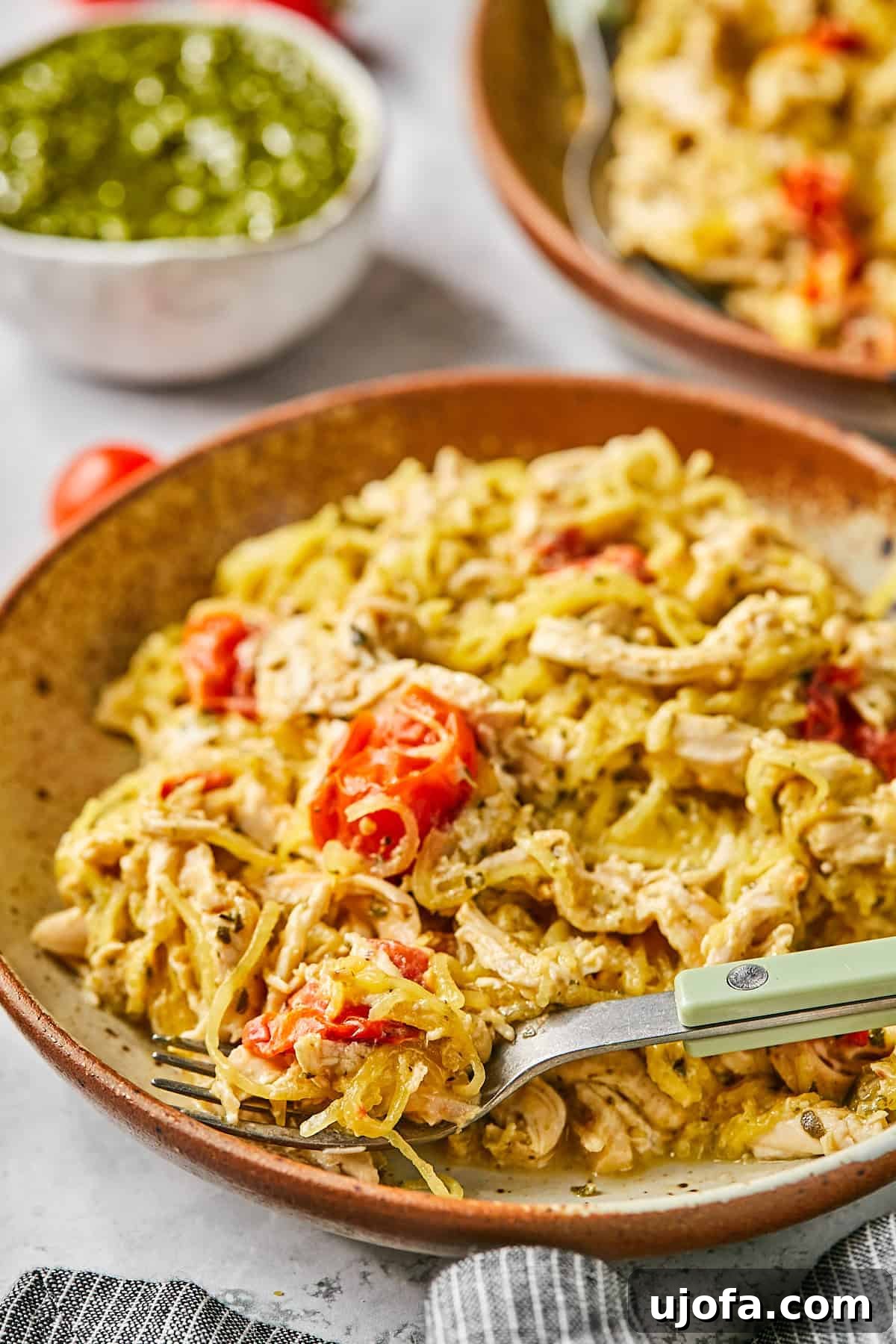 Dreamy Boursin Chicken Bake 13 a bowl filled with creamy chicken, spaghetti squash, and tomatoes