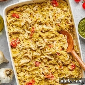 Dreamy Boursin Chicken Bake 15 Boursin pasta bake with chicken and spaghetti squash in a white casserole dish