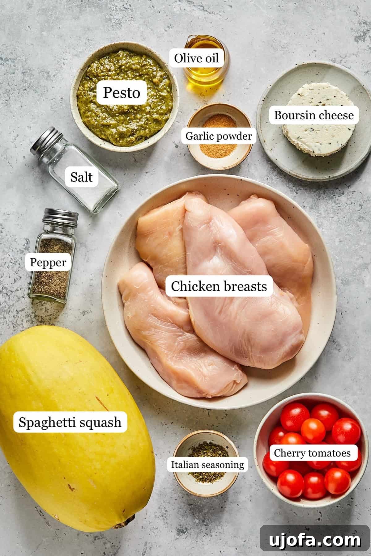 Dreamy Boursin Chicken Bake 3 recipe ingredients in small bowls and labeled