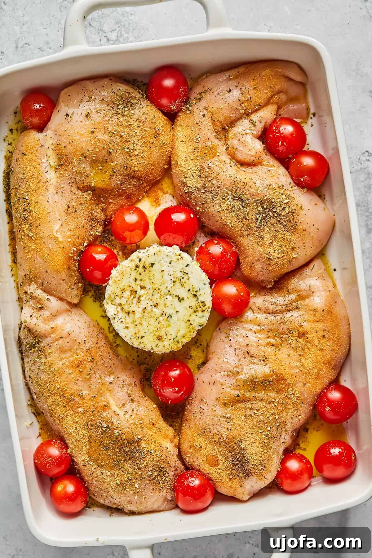 Dreamy Boursin Chicken Bake 5 seasonings placed on top of the chicken in a casserole dish