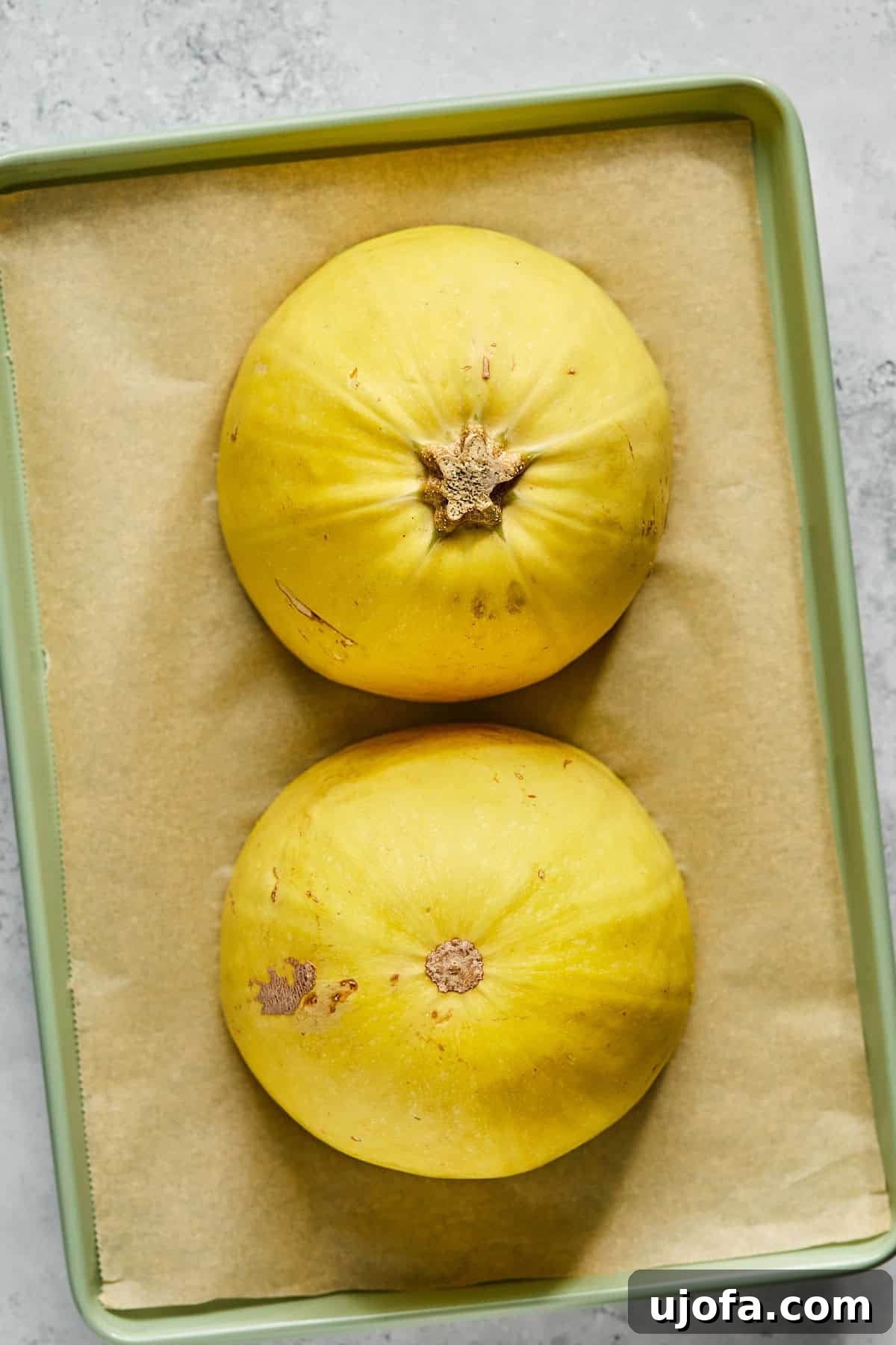 Dreamy Boursin Chicken Bake 7 spaghetti squash on a baking sheet