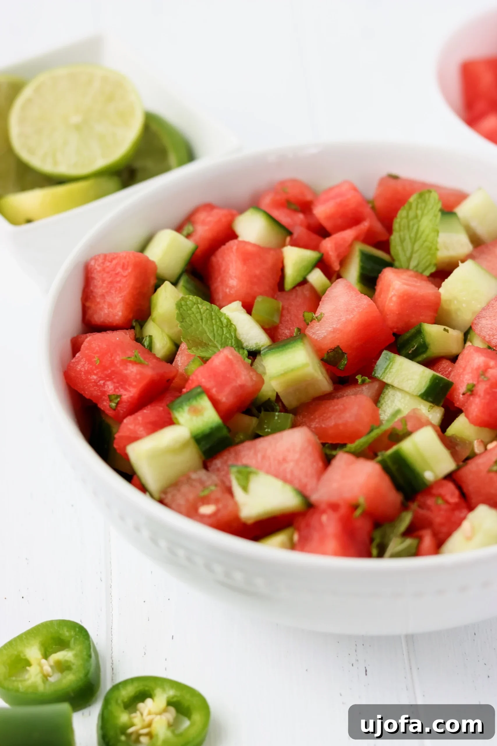 Vibrant Watermelon Cucumber Salad in a large bowl, ready to be served at a summer BBQ.