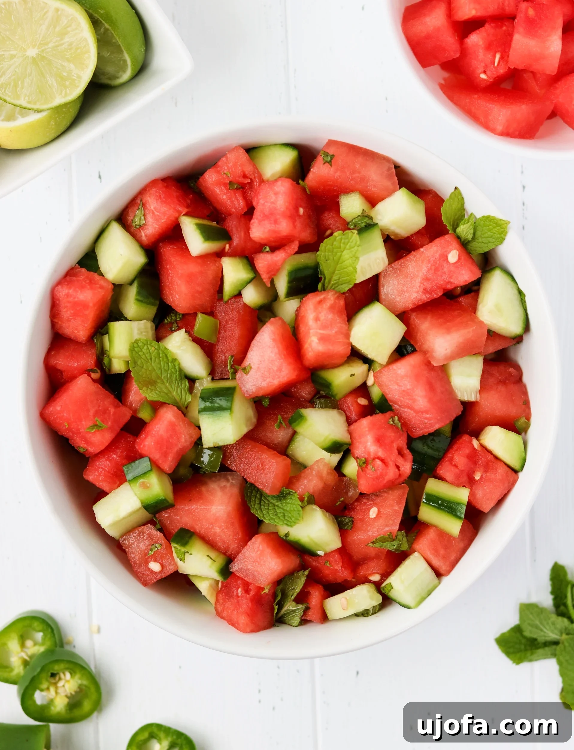 Overhead view of Watermelon Cucumber Salad in a serving bowl, showcasing its colorful components.