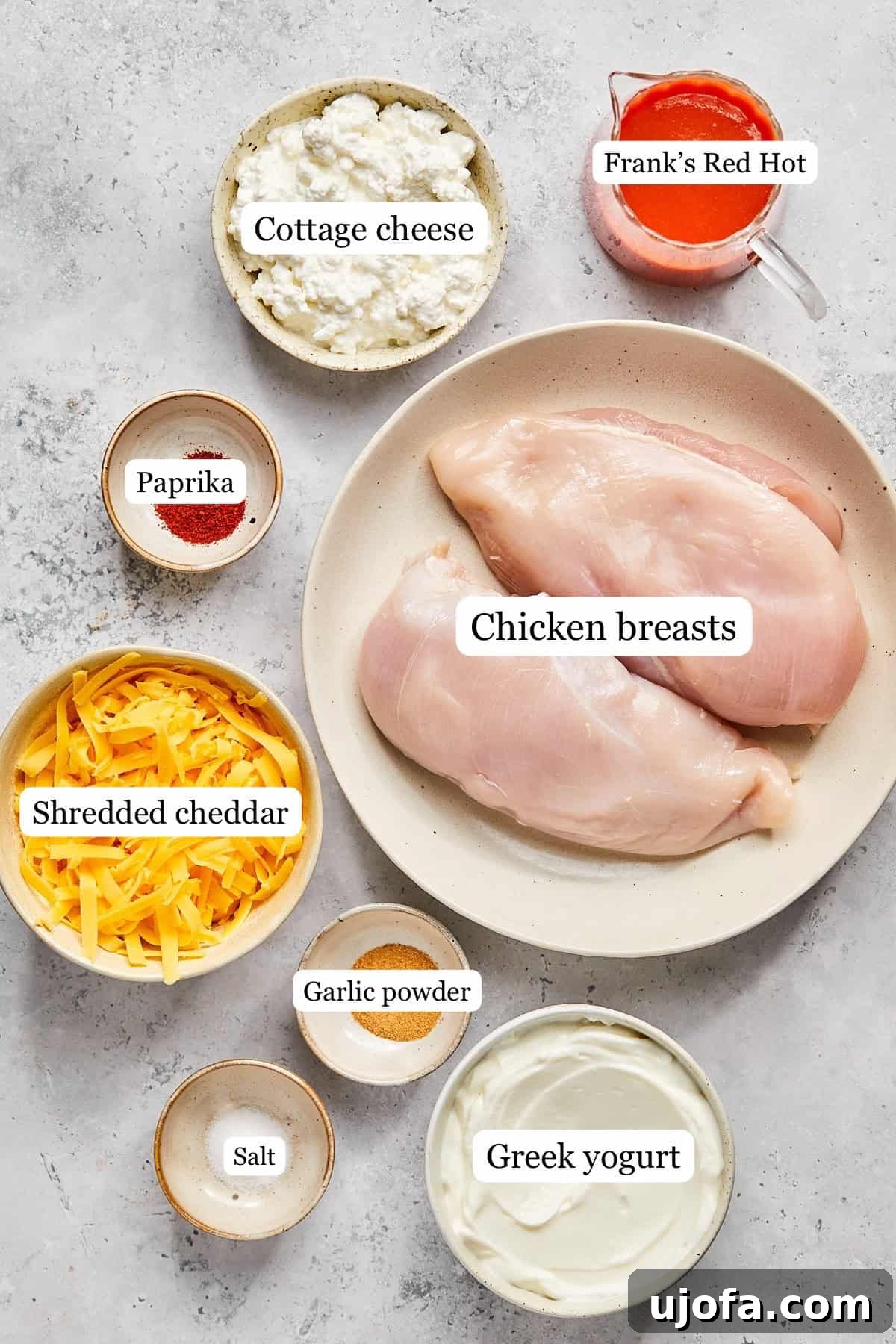 recipe ingredients in small bowls and labeled