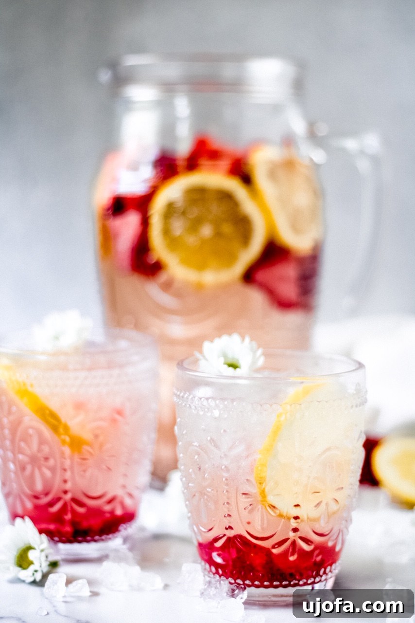 Close-up of a Strawberry Rose Spritzer in a glass, garnished with fresh strawberries and rose petals.