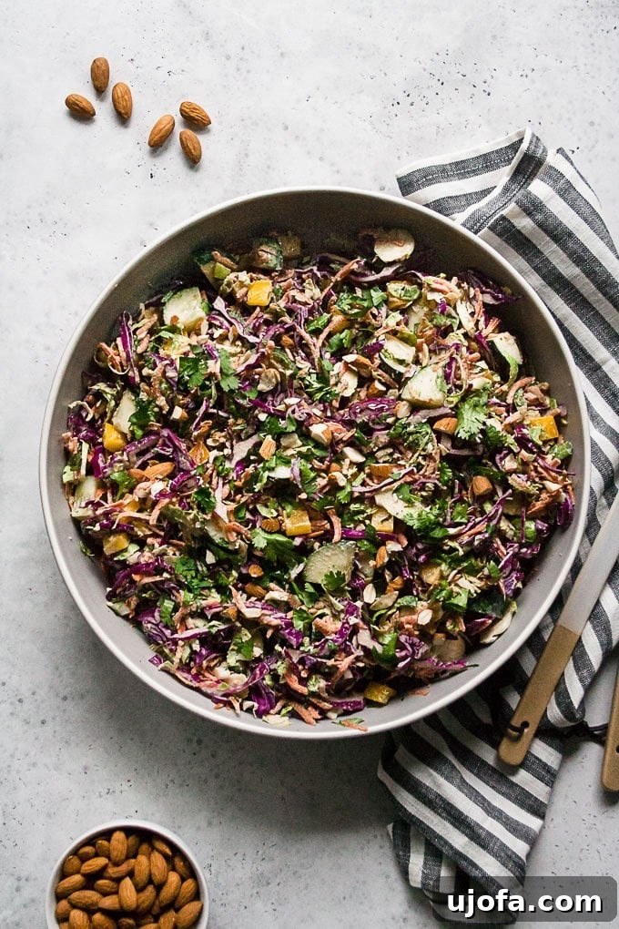 A bowl of Chopped Thai Brussels Sprouts Salad with creamy almond ginger dressing.