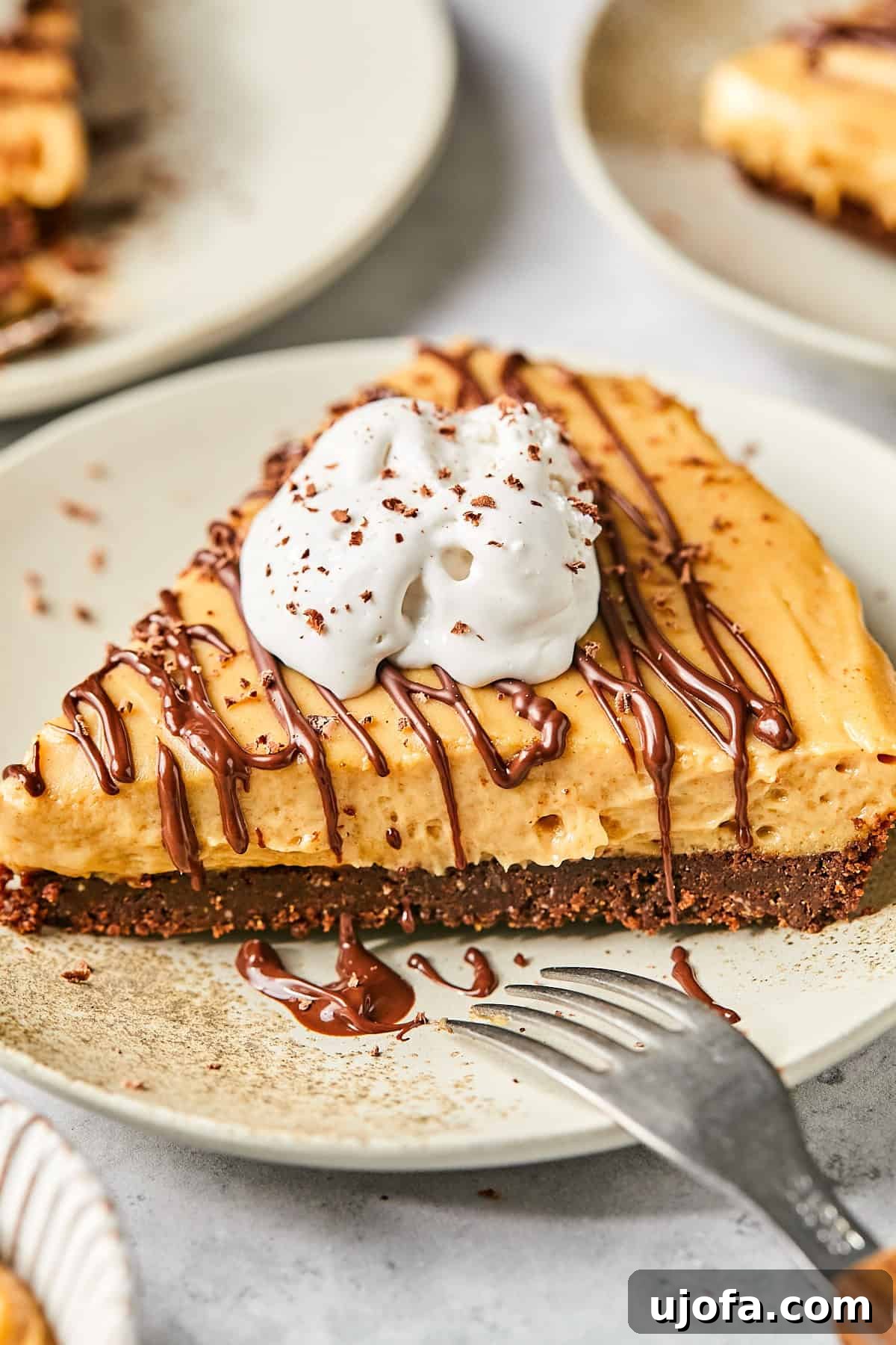 No-Bake Vegan Peanut Butter Bliss 2 A slice of dairy-free peanut butter pie with a chocolate crust and a swirl of whipped cream on top, drizzled with chocolate sauce, presented on a pristine white plate.