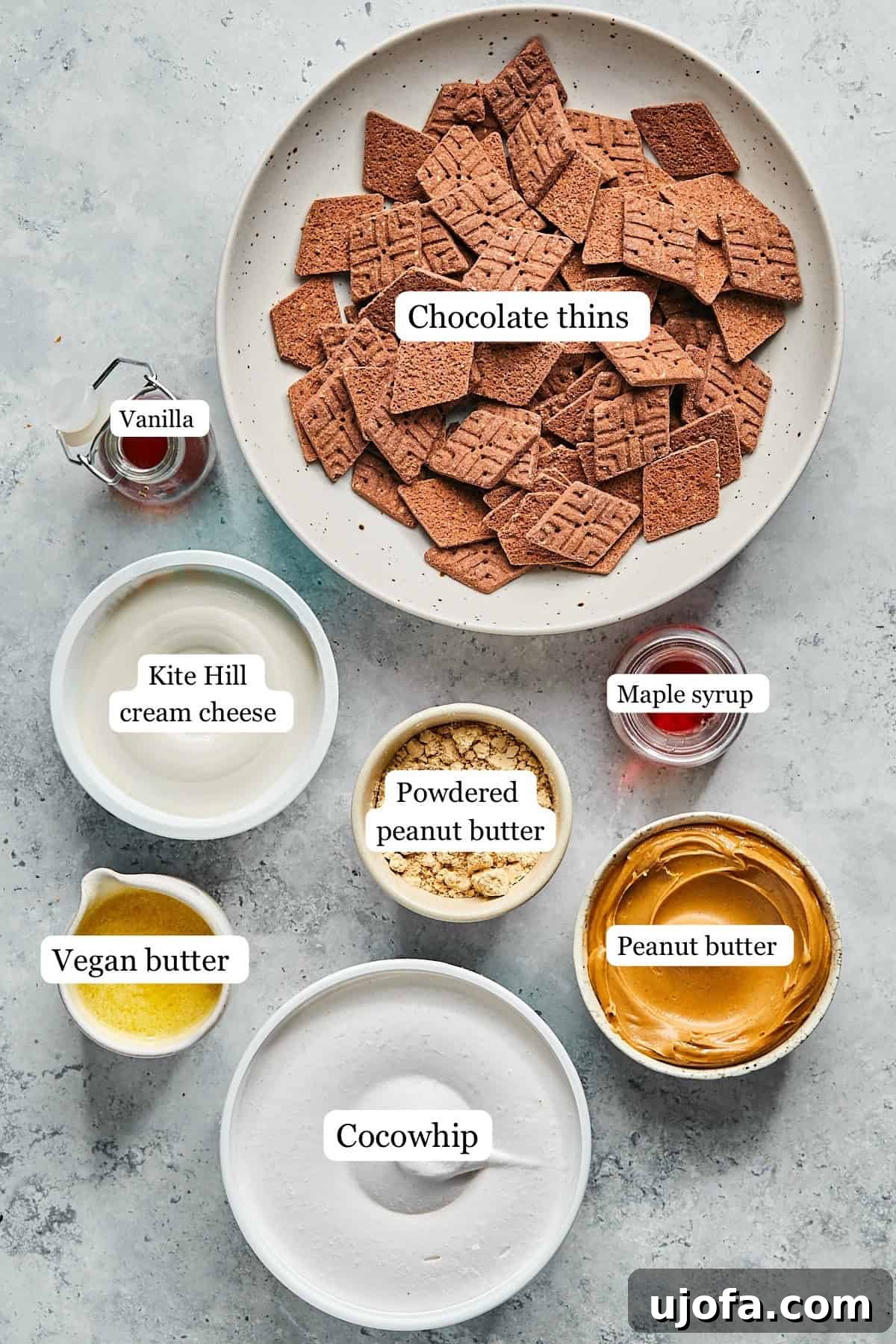 No-Bake Vegan Peanut Butter Bliss 3 A collection of ingredients neatly arranged in small bowls, including creamy peanut butter, vegan cream cheese, powdered peanut butter, maple syrup, vanilla extract, and gluten-free chocolate cookies, all ready for making a dairy-free peanut butter pie.