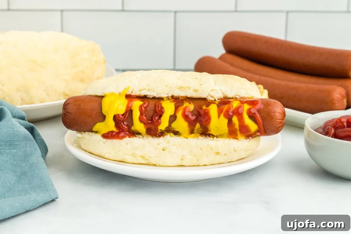 A gluten-free hot dog bun with a hot dog topped with ketchup and mustard on a white plate, ready to be enjoyed.