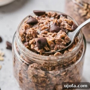 chocolate overnight oats in a glass jar