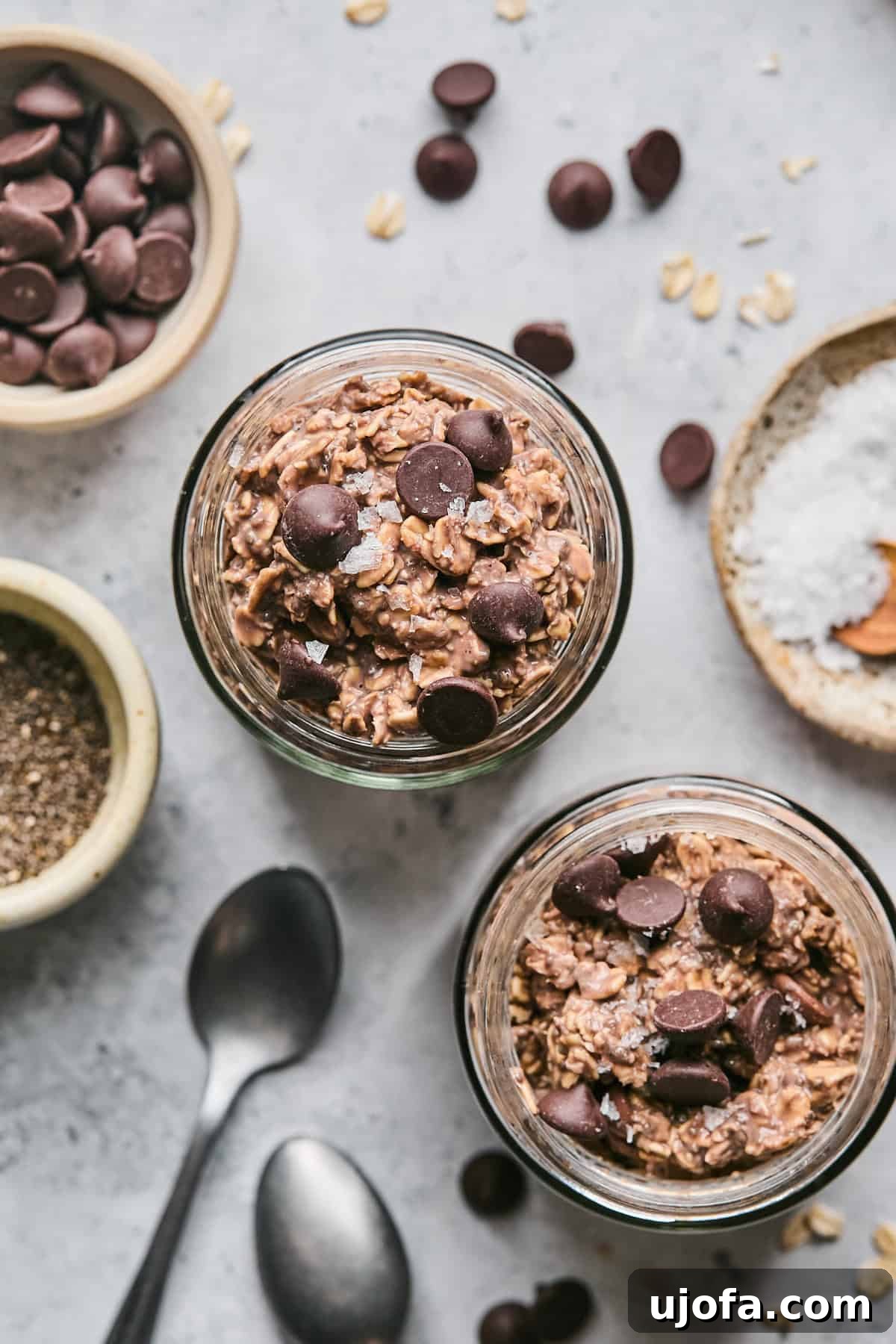 chocolate overnight oats in jars