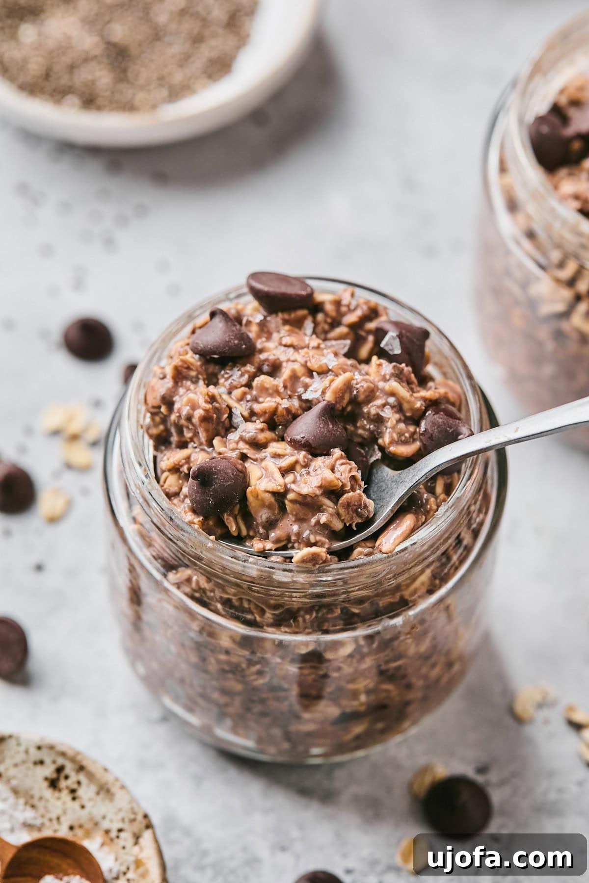 chocolate overnight oats in a glass jar