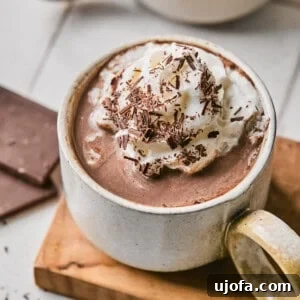protein hot chocolate with whipped cream and chocolate shavings in a white mug on a wood plank