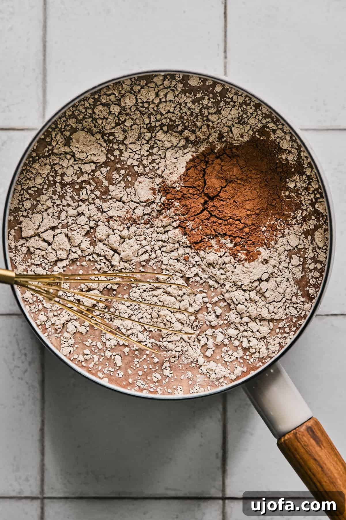 Cozy Protein-Packed Cocoa 4 A saucepan on the stove, beginning to heat up with milk, chocolate protein powder, and cacao powder combined and ready for whisking.