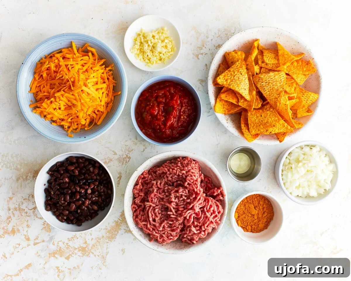 Unbagged Taco Bake 4 Ingredients for walking taco casserole laid out on a kitchen counter.